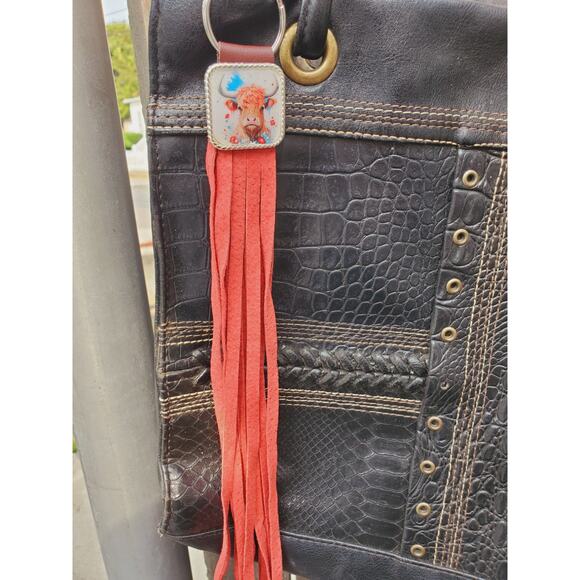 Handmade cow lover boho Leather Fringe Western bag charm, Long fringe keychain - Picture 6 of 6